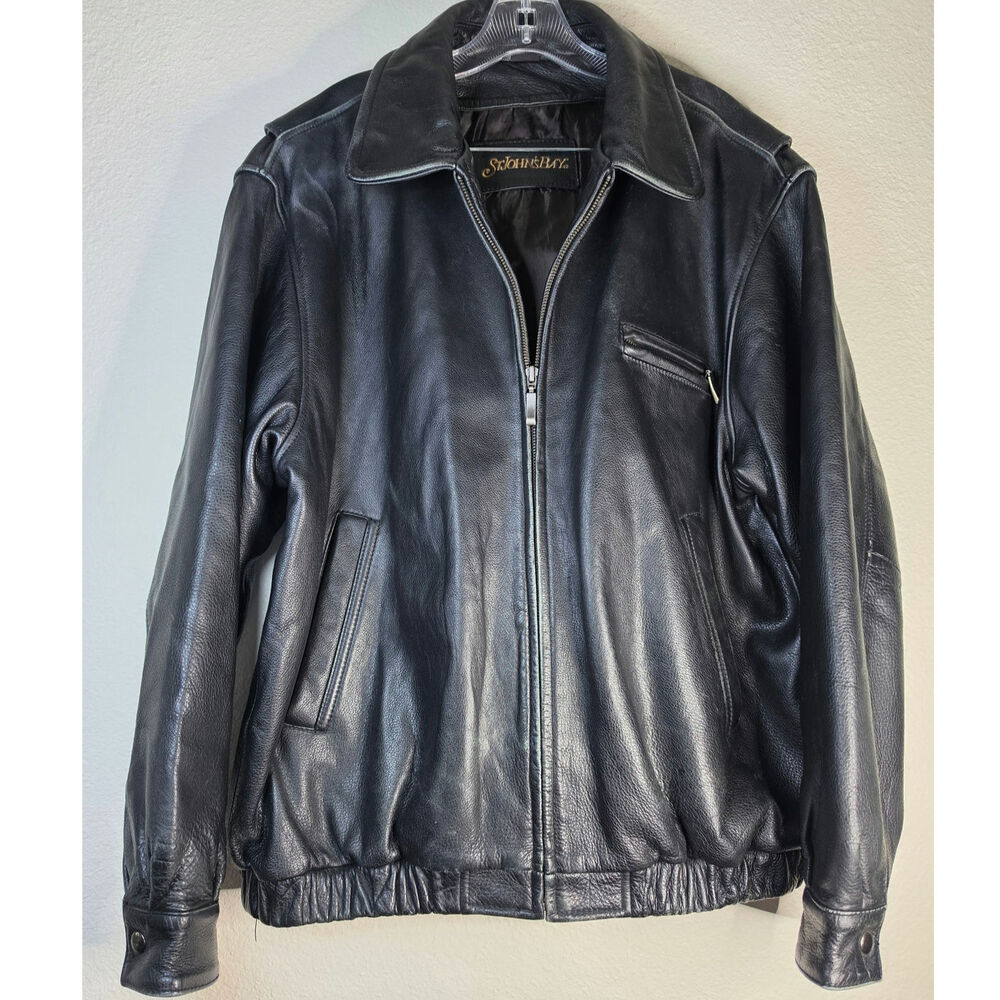 Vintage St. John's Bay Black Leather Bomber Jacket Spread Collar Zip Pocket